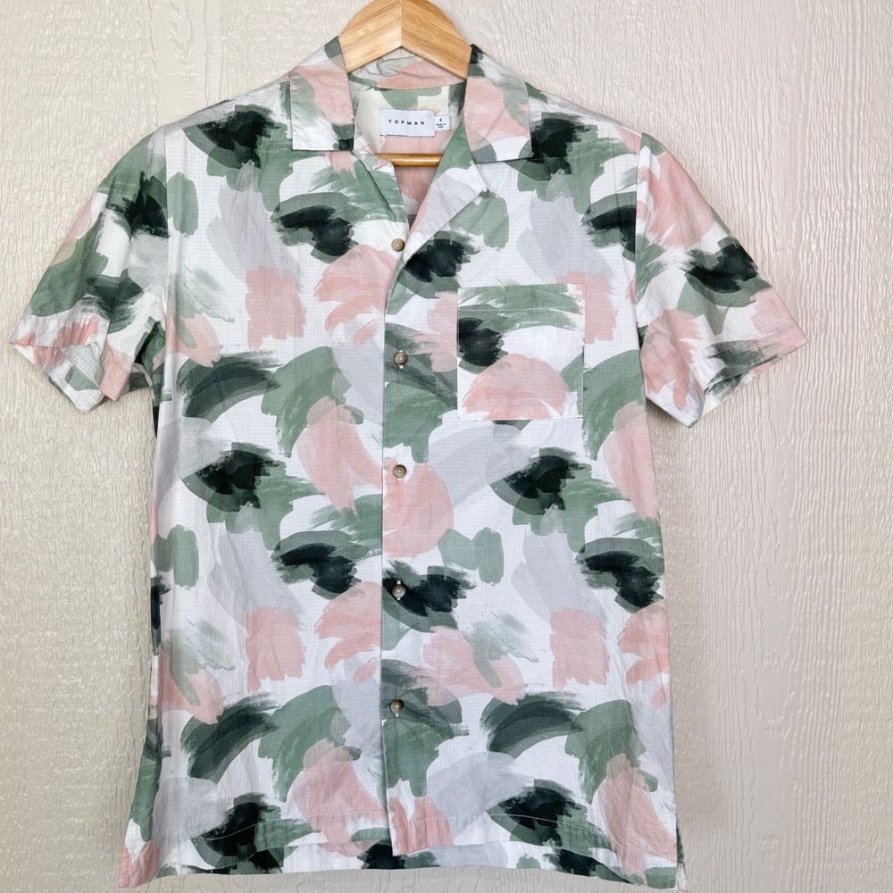 Topman Mens Small Abstract Brushstroke Print Cotton Camp Collar Shirt Green Pink
